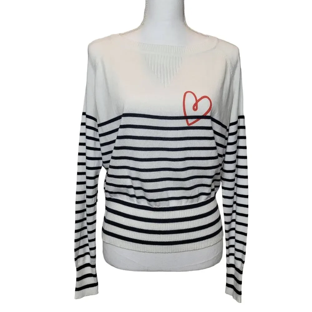 Central Park West Linen Blend Stripe Sweater Heart Detail Size - Picture 10 of 10